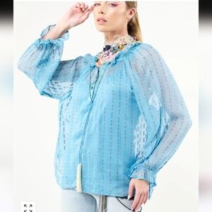 Aratta Silent Journey Maven Blouse Blue Gold Metallic Flowey Blouse Medium New!